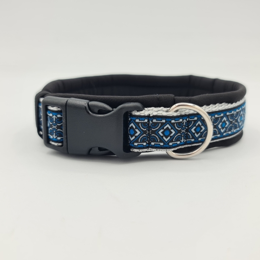 Halsband schwarz-blau-grau mit edler Bordüre verstellbar & gepolstert